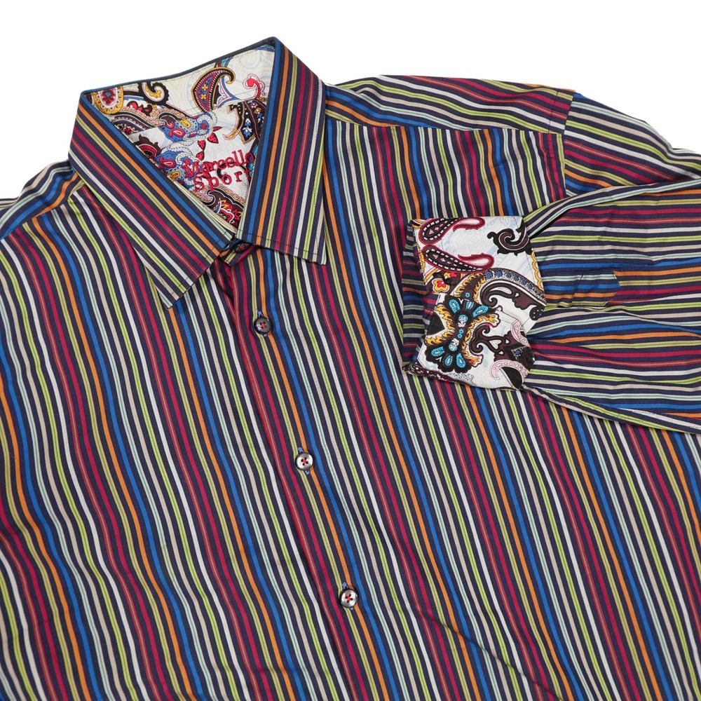 MARCELLO SPORT Men's L (41-42)‎ Multicolor Striped Contrasting Cuffs Dress Shirt